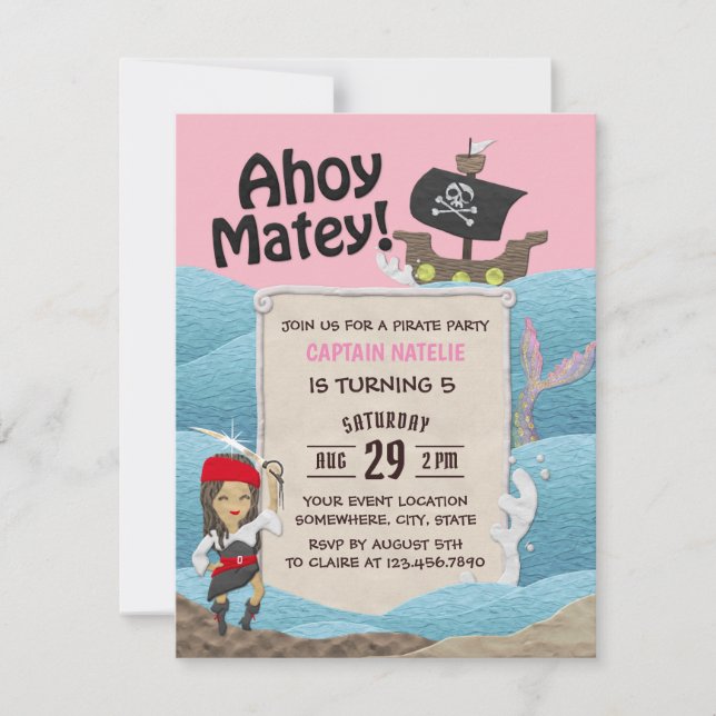 Pirate Theme Captain Girl Birthday Party Einladung (Vorderseite)