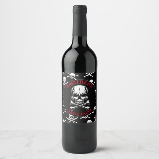 Pirate theme Party Adult Ship Skull  Black Weinetikett (Vorderseite)