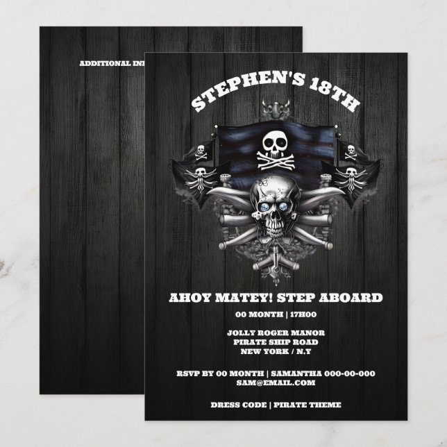 Pirate Theme Piratenflagge ahoy matey Schädeldecke Einladung (Vorne/Hinten)