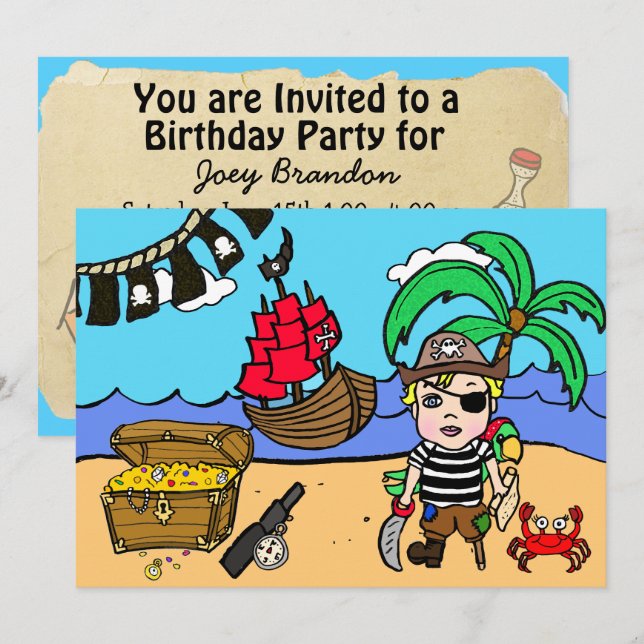 Pirate Themed Boys Einladung zum Geburtstag (Vorne/Hinten)