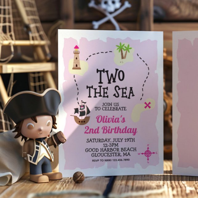 Pirate Two the Sea Pink zum Geburtstag Einladung (Von Creator hochgeladen)