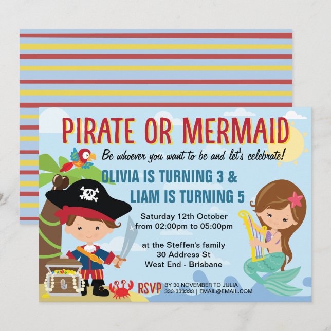 Pirate und Mermaid Einladung (Vorne/Hinten)