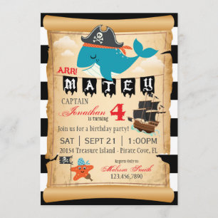 Pirate Whale et Starfish Invitations d'anniversair