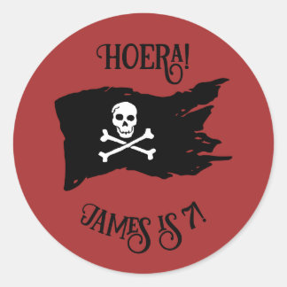 Piraten Aufkleber "Hoera!" Tiefrot mit Piratenflag