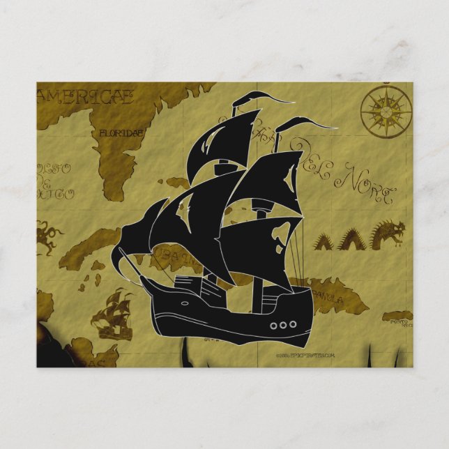 Piraten-Karte #1, Tattered Schiff Postkarte (Vorderseite)
