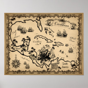 Piraten-Karte der Karibischen Meere mit Kraken Poster