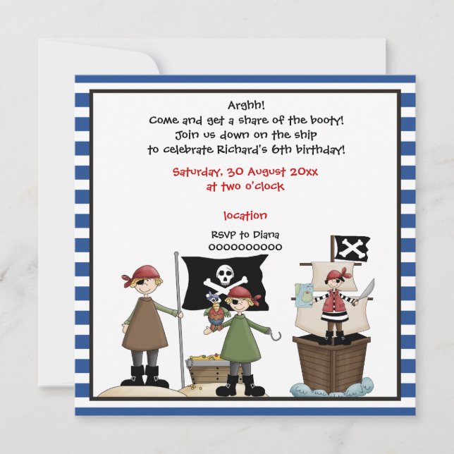 Piraten Kindergeburtstag Party Einladung - Blaue G (Vorderseite)