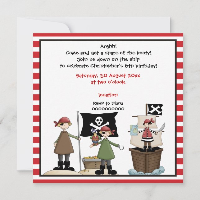 Piraten-Kindergeburtstag-Party Einladung - rote Gr (Vorderseite)