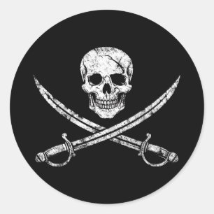 Piraten-Schädel-Kreuzknochen-Kreuz-Schwert-Jolly-R Runder Aufkleber