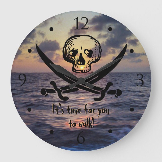 Piraten-Schädel-Ozean-Sonnenaufgang-Gewohnheit Große Wanduhr (Vorderseite)
