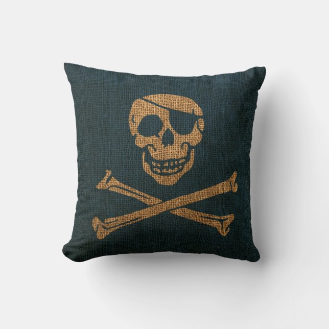 Piraten-Schädel-rustikales Tiefsee-Blau Kissen (Vorderseite)