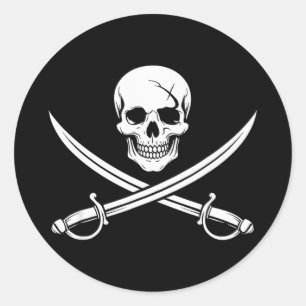 Piraten-Schädel und Kreuzknochen-Schwert Jolly Rog Runder Aufkleber