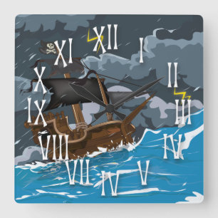 Piraten Schiff im Sturm Quadratische Wanduhr