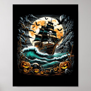 Piraten-Schiff-Sturm-Halloween-Boot-Kapitän-Bootsf Poster