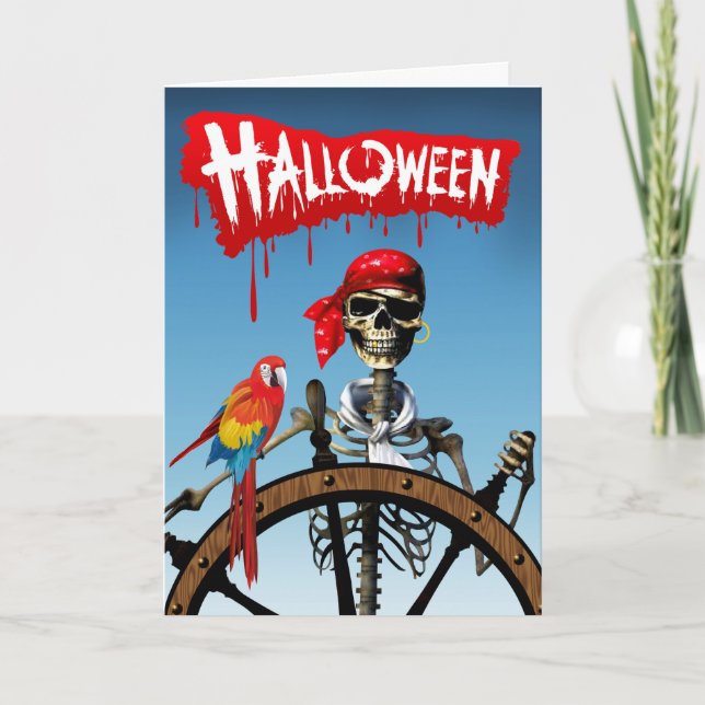 Piraten-Skeleton Seemann mit Macaw-Halloween-Party Karte (Vorderseite)