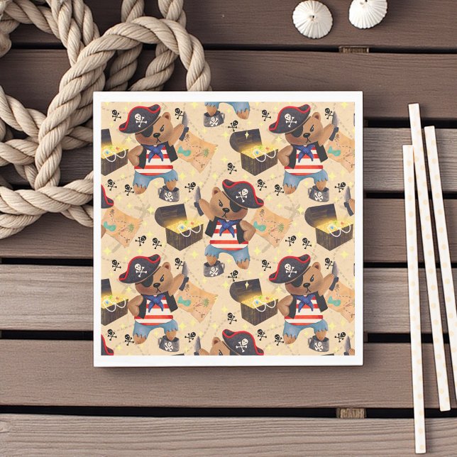 Piratenbär Serviette (Adorable pirate bear napkin with maps and treasure chests, perfect for kids’ pirate party fun.)