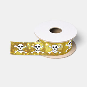Piratenflagge Band, Totenkopf & Knochen, Gold Satinband