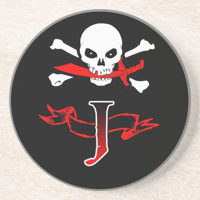 Piratenflagge J Monogramm Sandstein Untersetzer (Vorne)