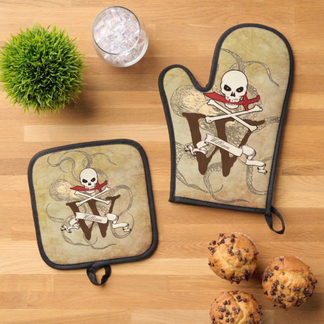 Piratenflagge Monogramm Ofenhandschuh & Topflappen-Set (Oben Unten)