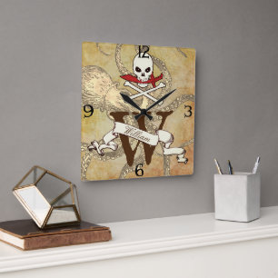 Piratenflagge Monogramm Quadratische Wanduhr