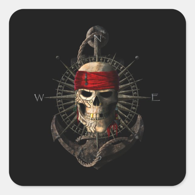 Piratenflagge Pirate Skull Segelkompass Anker Quadratischer Aufkleber (Vorderseite)