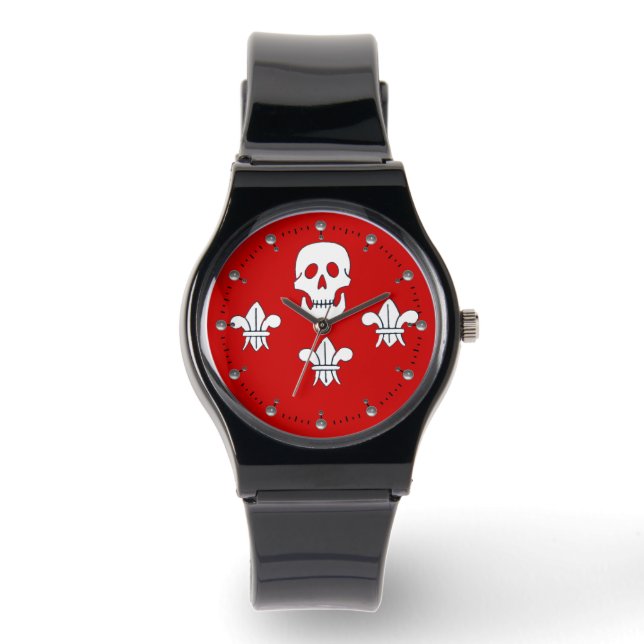 PIRATENFLAGGE SKULL UND DREI LILIES FLAG, rot Armbanduhr (Vorderseite)