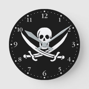 Piratenflagge Totenkopf gekreuzte Schwerter Runde Wanduhr