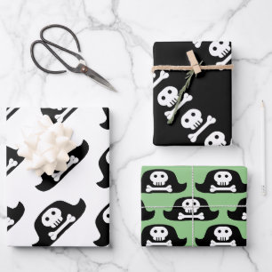 Piratenhut Schwarz Totenkopf Kreuzmuster Kinder Geschenkpapier Set