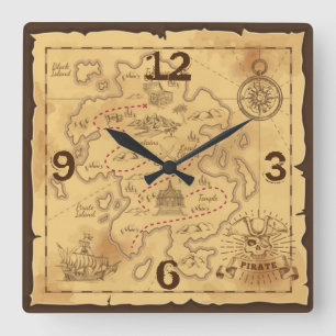 Piratenkarte Quadratische Wanduhr