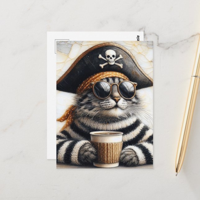 Piratenkatze im verschwommenen Pullover mit Kaffee Postkarte (Vorderseite/Rückseite Beispiel)