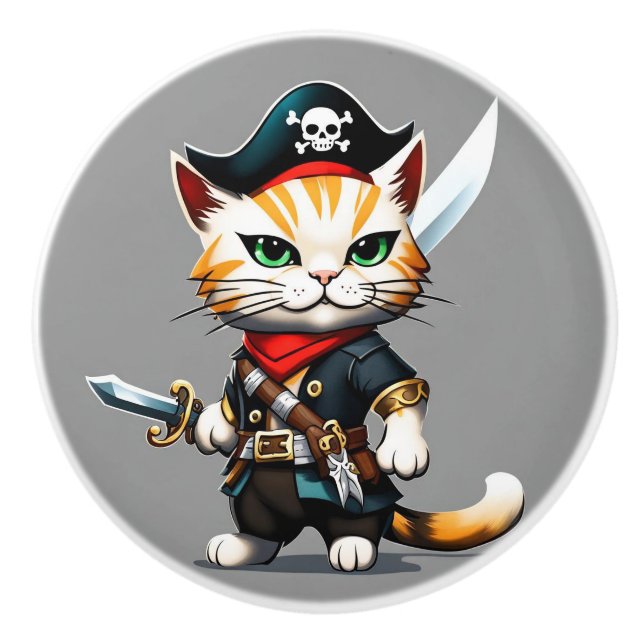 Piratenkatze, Kindermöbel, Schlafzimmer Keramikknauf (Vorderseite)