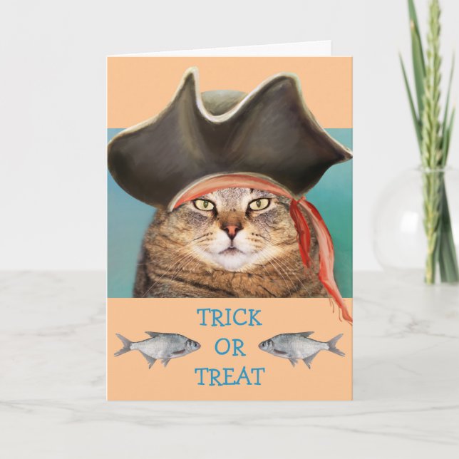 Piratenkatze und FischHalloween Karte (Vorderseite)