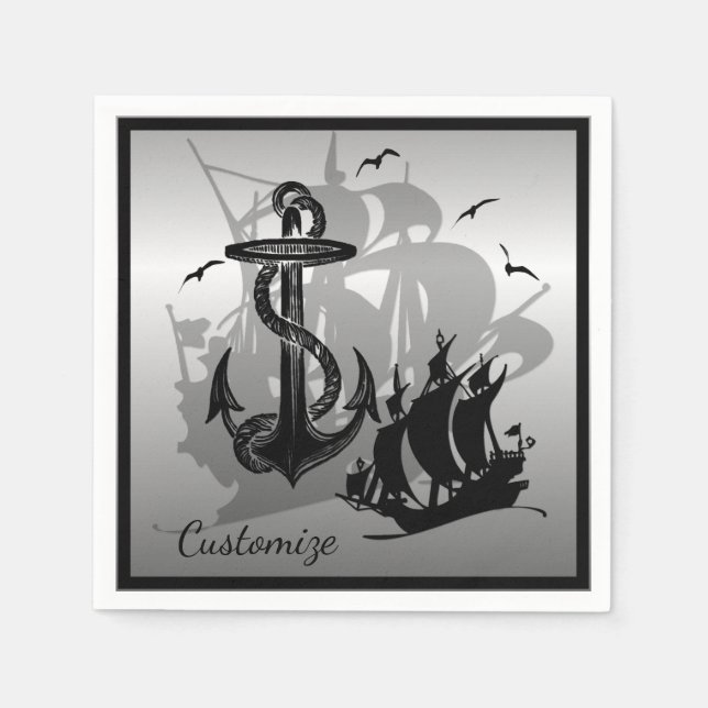Piratenschiff & Anchor Black Silhouette Napkins 2 Serviette (Vorderseite)