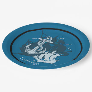 Piratenschiff & Anchor White Silhouette Paper Tell Pappteller