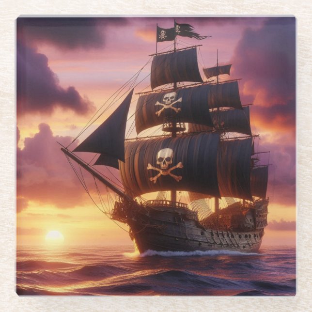 Piratenschiff bei Sonnenaufgang/Sonnenuntergang Glasuntersetzer (Vorderseite)