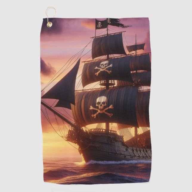 Piratenschiff bei Sonnenaufgang/Sonnenuntergang Golfhandtuch (Vorderseite)