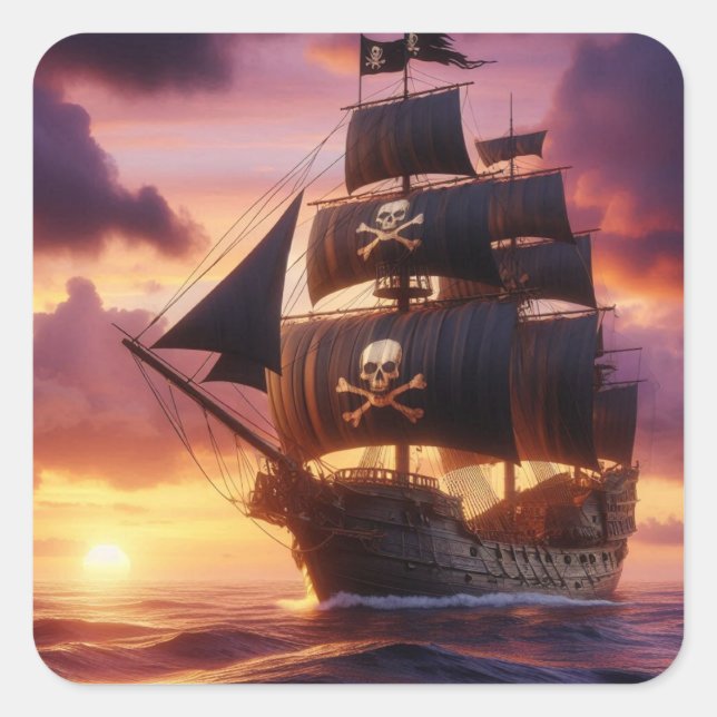 Piratenschiff bei Sonnenaufgang/Sonnenuntergang Quadratischer Aufkleber (Vorderseite)