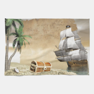 Piratenschiff, das einen Schatz entdeckt Geschirrtuch