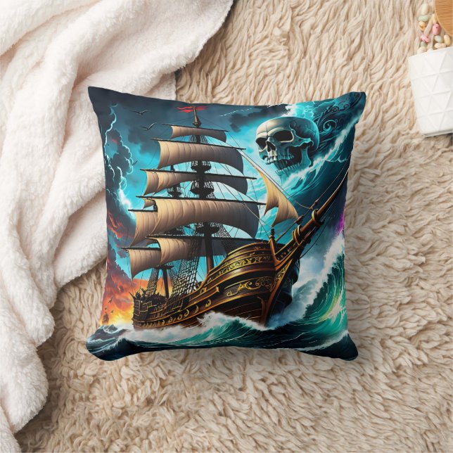 Piratenschiff, das in der Dämmerung durch die Stur Kissen (Decke)