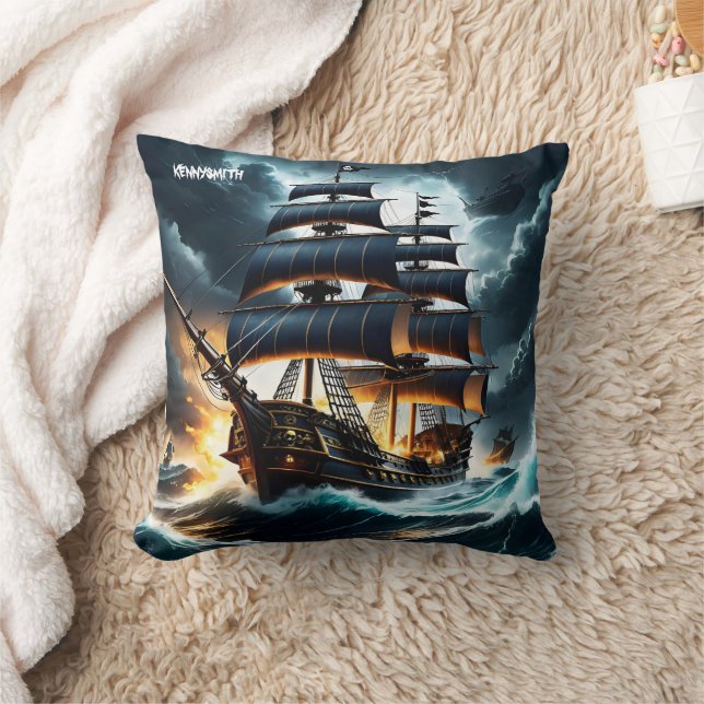 Piratenschiff, das in der Dämmerung durch Sturmgew Kissen (Decke)