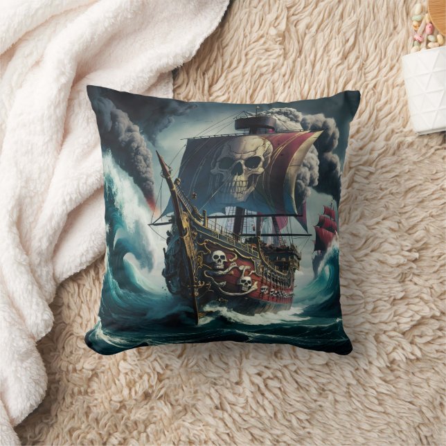 Piratenschiff, das in der Dämmerung stürmische Mee Kissen (Decke)