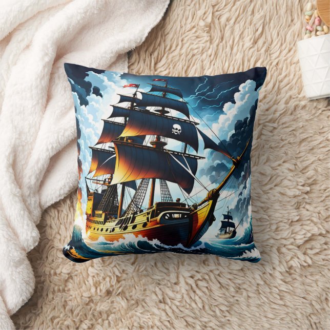 Piratenschiff, das in der Dämmerung stürmische Mee Kissen (Decke)