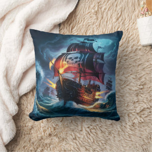 Piratenschiff, das in der Nacht Sturmsee befährt Kissen
