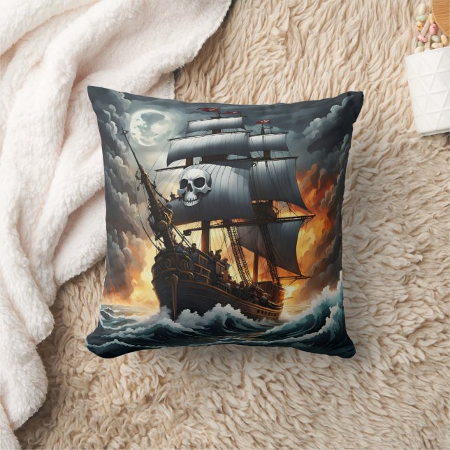 Piratenschiff fährt nachts durch die Sturmsee Kissen (Decke)