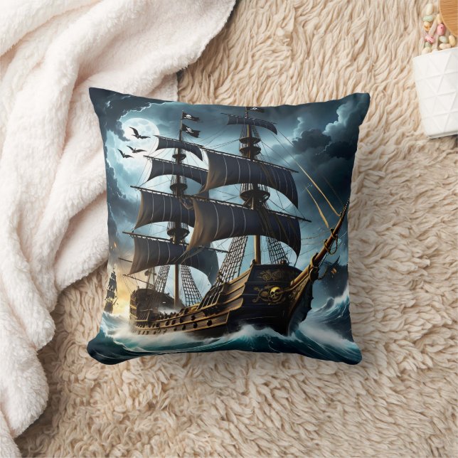 Piratenschiff fährt nachts durch die Sturmsee Kissen (Decke)