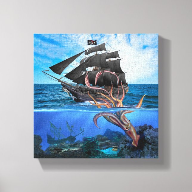 Piratenschiff gegen den riesigen Tintenfisch Leinwanddruck (Vorderseite)