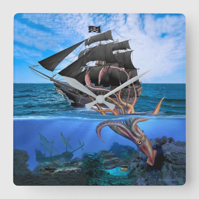 Piratenschiff gegen den riesigen Tintenfisch Quadratische Wanduhr (Vorderseite)