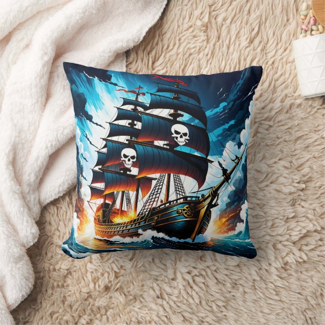 Piratenschiff in der Dämmerung durch die Sturmsee  Kissen (Decke)
