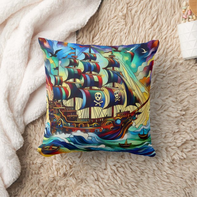 Piratenschiff kämpft Sturmsee in der Dämmerung Kissen (Decke)