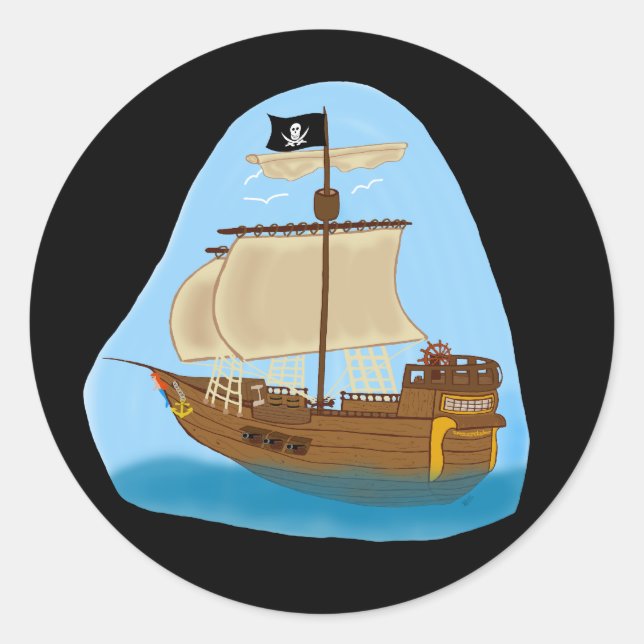 Piratenschiff mit Flagge Runder Aufkleber (Vorderseite)